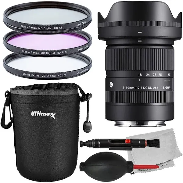 Sigma 18-50mm f/2.8 DC DN Lens for Sony+ Tripod + Backpack-32GB Accessory Bundle