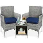 Best Choice Products 3-Piece Outdoor Wicker Conversation Patio Bistro Set, w/ 2 Chairs, Table - Gray/Navy