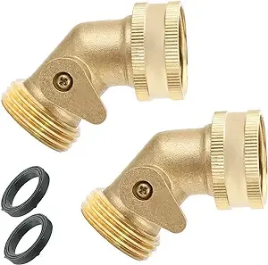 PLG Brass 45 Degree Garden Hose Elbow Connector with Shut Off Valve for RV (2 Pack)