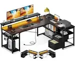 ODK L Shaped Gaming Desk with File Drawers, Reversible Computer Desk with Power Outlets & LED Lights, Home Office Desk with Storage Shelves, 53 inch