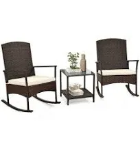 3 Piece Patio Rocking Set Wicker Rocking Chairs with 2-Tier Coffee Table-Turquoise | Costway