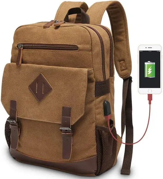 Modoker Vintage Backpack for Men Women, Canvas Bookpack Fits Most 15.6 Inches Computer and Tablets, Rucksack Backpack with USB Charging Port, Brown