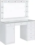 Acena 7-drawer Glass Top Vanity Desk with Lighting White