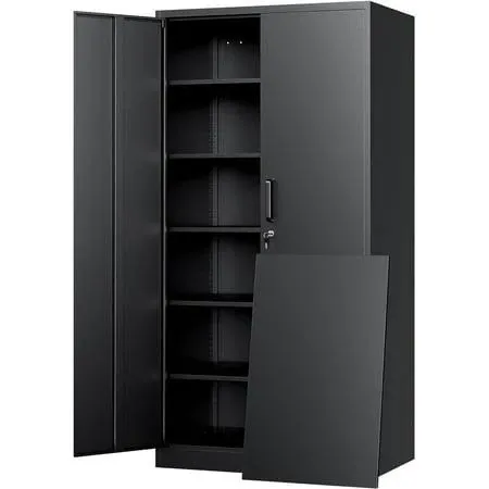 Greenvelly Metal Garage Storage Cabinet, 72” Black Tool Steel Locking Cabinet with Doors and 4 Shelves, Tall Cabinets for Garage Storage Systems Lockable File Cabinet for Home Office, Classroom Pantry