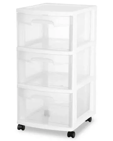 Sterilite 28308001K 3-Drawer Rolling Caster Wheel Home Organizer Storage Cart with Durable Plastic Frame, Clear Drawers, White