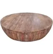 Arthur Handcarved Drum Shape Round Top Mango Wood Distressed Wooden Coffee Table, Brown By The Urban Port