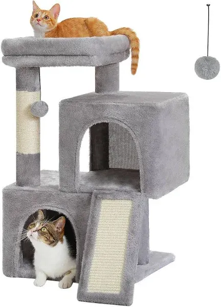 PAWZ Road Cat Tree, 30 Inches Cat Tower with Dual Condos for Indoor Cats, Plush Cat House with Padded Perch, Scratching Ramp and Posts and Replaceable Balls-Beige