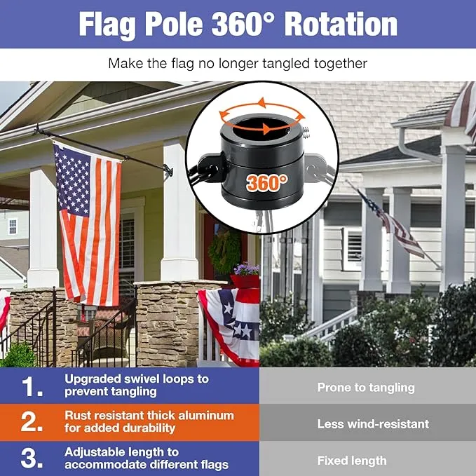 6FT Flag Pole Kit for House with Holder Bracket, Upgrade Stainless Steel Tangle Free Flagpole, Heavy Duty House Flag Pole Kit for 3x5 American Flag for Outside Porch,Outdoor,Boat (Black)