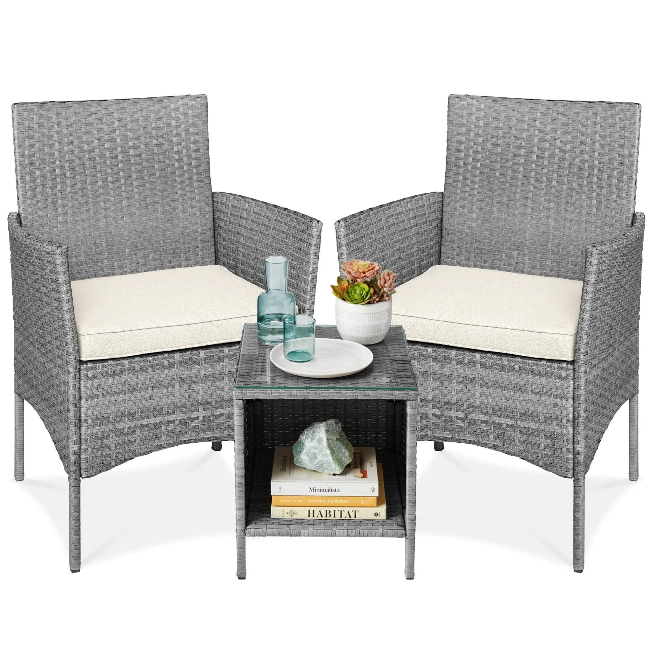 Best Choice Products 3-Piece Outdoor Wicker Conversation Patio Bistro Set, w/ 2 Chairs, Table - Gray/Cream