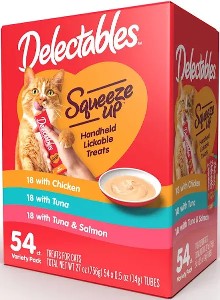 Hartz Delectables Squeeze Up Lickable Wet Cat Treat Flavor Variety 0.5oz 54Ct