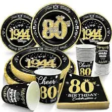 80th Birthday Decorations Black and Gold Service for 30 Vintage 80th Birthday...