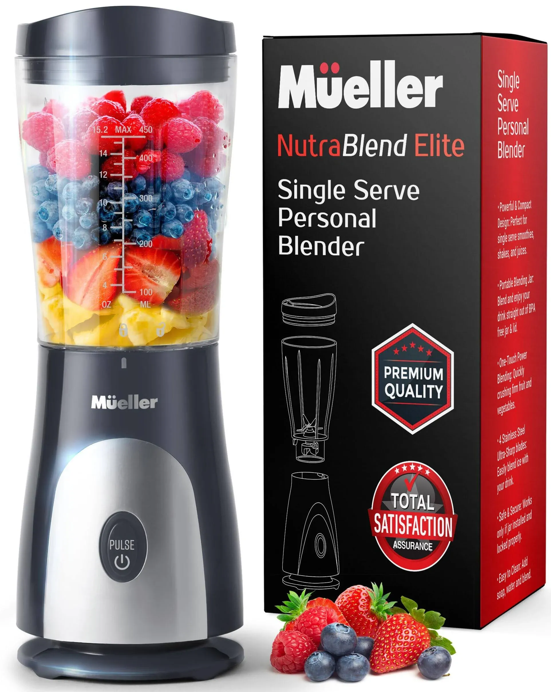 Mueller Personal Blender for Shakes and Smoothies with 15 Oz Travel Cup Grey