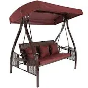 Sunnydaze 3-Person Steel Patio Swing Bench with Side Tables/Canopy - Maroon