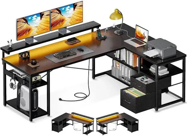 L Shaped Gaming Desk with File Drawers, Reversible Computer Desk with Power Outl