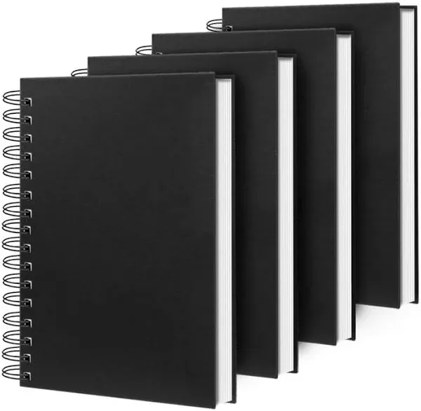 Lined Spiral Notebook A4 Large Black Journal 8.5" x 11"-4 Pack 7mm College Ruled Hardcover Notebooks 160 Pages 100GSM Thick Paper for Note Taking School Office Supplies