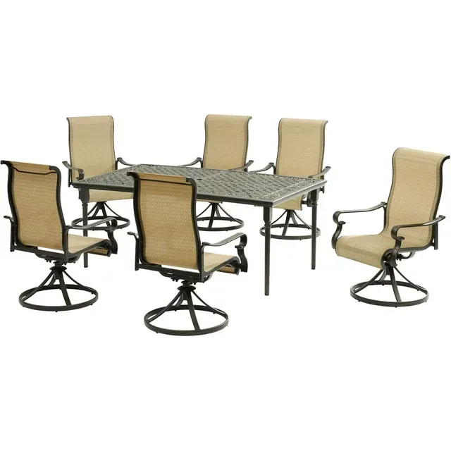 Hanover Brigantine 7-Piece Dining Set with A 40" x 70" Cast-Top Dining Table and 6 Sling Swivel Rockers