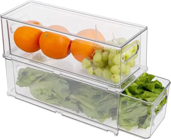 Abiudeng 2 Pack Stackable Refrigerator Organizer Bins with Pull-Out Drawer, Drawable Clear Fridge Drawer Organizer with Handle, Plastic Kitchen