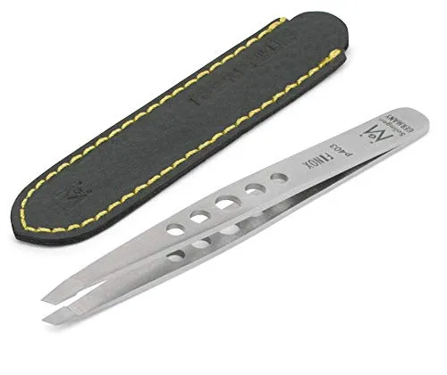 GERMANIKURE Professional Slanted Tweezers Stainless Steel with Leather Case