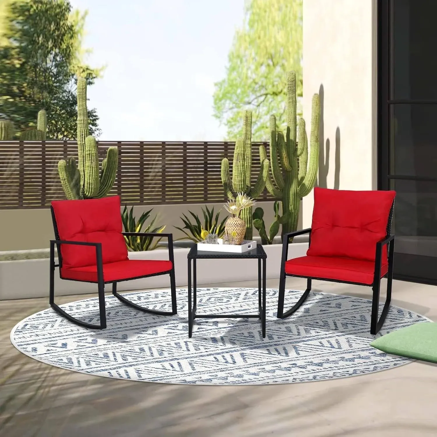 Suncrown Outdoor Patio 3-Piece Rocking Black Wicker Bistro Set - Red