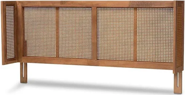 Baxton Studio Rina Mid-Century Modern Ash Wanut Finished Wood and Synthetic Rattan Full Size Wrap-Around Headboard