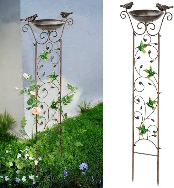 SUNNYPARK Antique Garden Iron Trellis with Decorative Hummingbirds and Detachable Bird Bath Bowl