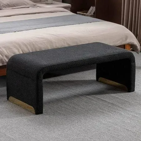 43.3'' Ottoman Bench with Boucle Fabric, Faux Fur End of Bed Bench with Golden Metal Legs, Upholstered Entryway Bench for Living Room, Bedroom,