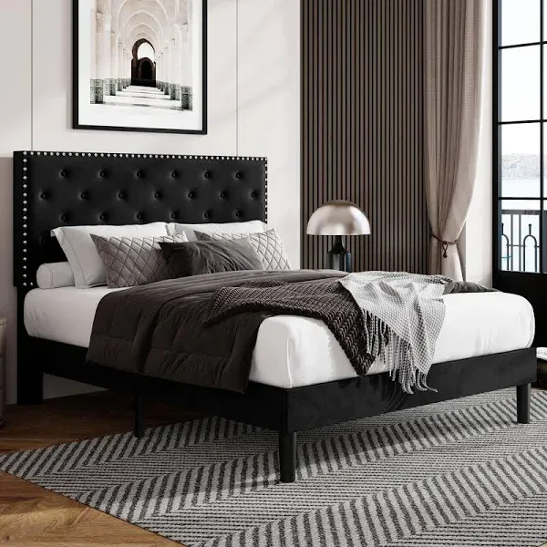 Allewie Bed Frame Velvet Upholstered Platform Bed with Adjustable Diamond Button Tufted & Nailhead Trim Headboard