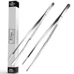 8-CREW Kitchen Cooking Tweezers - 12 inch 304 Stainless Steel Set of 2 - Culinary Chef Tweezers for Multi-Purpose, Plating, Food Decorating & Bar