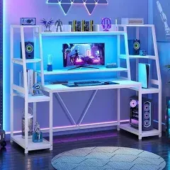 SEDETA White Gaming Desk 65.7'' with LED Lights, Hutch and Storage Shelves, Computer Desk with Monitor Stand, Large PC Gamer Desk Workstation, Ergonomic Gaming Table for Bedroom, Living Room