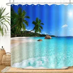 Ocean Beach Shower Curtain Blue Sky Sea Tropical Palm Trees Seaside Landscape...