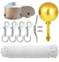 Flag Pole Repair Kits, 3" Topper Gold Ball/50 Ft Halyard Rope/6" Cleat Hook/4-Count Swivel Snap Hooks/Flagpole Pulley, Durable, Wind Resistant Professional Flagpole for House Estate, and Commercial