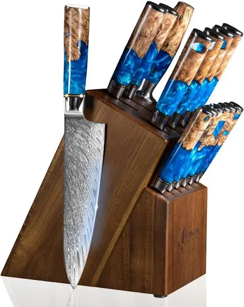 SENKEN 15-Piece Damascus Knife Block Set - "Tsunami" Collection Japanese Chef Knife Set - 67-Layer Japanese VG10 Steel Blades, Includes Chef Knife, Cleaver, Bread Knife, 6 Matching Steak Knives & More