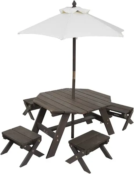 Kidkraft Wooden Octagon Table, Stools & Umbrella Set, Kids’ Outdoor Furniture, Barnwood Gray & Navy