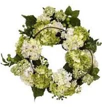 Artificial 22&#034; Green White &amp; Pink Hydrangea Silk Flowers Berries Floral Wreath