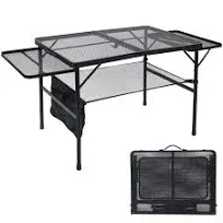 JOUYEK Folding Grill Table, 3x2 FT Portable Camping Table with 2 Wing Panels, Height Adjustable Metal Table with Mesh Desktop and Mesh Bag