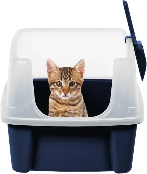 High-Sided Open Cat Litter Box, Navy w/Scoop, Easy Cleanup