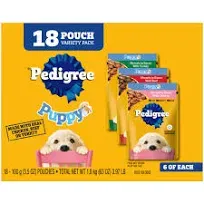 GYCO Pedigre Pouch Puppy Soft Wet Dog Food 18-Count Variety Pack, 3.5 Oz Pouches. A Lot of Love, Attention, and Nutrients for Them to Grow Up Happy and Healthy