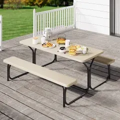 YITAHOME Heavy Duty Outdoor Picnic Table and Bench Set, Weather-Resistant Resin Tabletop & Sturdy Steel Frame, Ideal Picnic Table for Outdoors Patio, Lawn, Yard, Porch, Garden, Light Brown