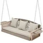 Homrest 3-Person Porch Swing 55in Wicker Hanging Swing Bench with Cushions and Cupholders for Deck, Garden and Backyard, Beige, Size: 19.09*55.51*