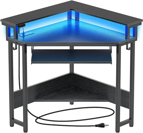 Rolanstar Corner Desk, 44.5" W x 34.5" H Small Computer Desk with Power Outlets, Gaming Desk with LED Lights, Triangle Corner Desk with Keyboard