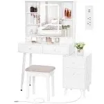 BEWISHOME Vanity Desk White Vanity with Charging Station Nightstand