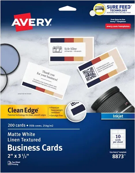 Avery® Linen Texture True Print Business Cards, Inkjet, 2 x 3 1/2, Linen White, 200/Pk (AVE08873)