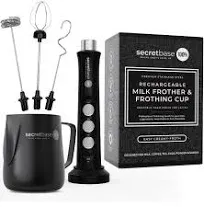 Secretbase 3 Speed Rechargeable Milk Frother, Pitcher, Charging Base - Handheld Frother for Latte, Drinks, Matcha - Includes Cup, Electric Stirrer, Double-Whisk Frother for Coffee, Egg Beater (White)