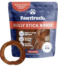 Pawstruck All-Natural 4" Bully Stick Rings for Dogs - Rawhide Free 100% Beef Single Ingredient Dental Chew Treat Bones - Fully Digestible Low Odor - 10 Count - Packaging May Vary