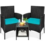 Best Choice Products 3-Piece Outdoor Wicker Conversation Patio Bistro Set, w/ 2 Chairs, Table - Black/Teal