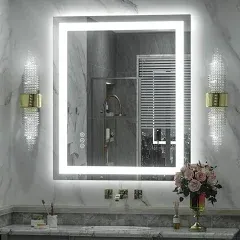 30 in. W x 36 in. H Rectangular Frameless Double LED Lights Anti-Fog Wall Bathroom Vanity Mirror in Tempered Glass