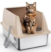 Stainless Steel Litter Box,XL Metal Litter Box with Lid,14”High Side Cat Litter Box for Big Cats and Kittens,Extra Large Litter Box with Scoop,Non-Sticky,Anti-Leakage and Easy Clean(Khaki)