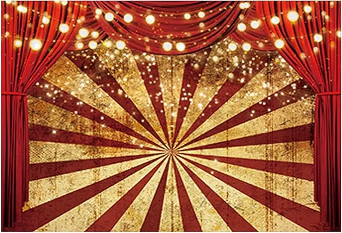 Funnytree 7x5ft Golden Glitter Red Curtain Halloween Photography Backdrop Circus Carnival Sparkle Stripes Background Baby Shower Birthday Party Portrait Cake Table Decor Banner Photo Booth Props