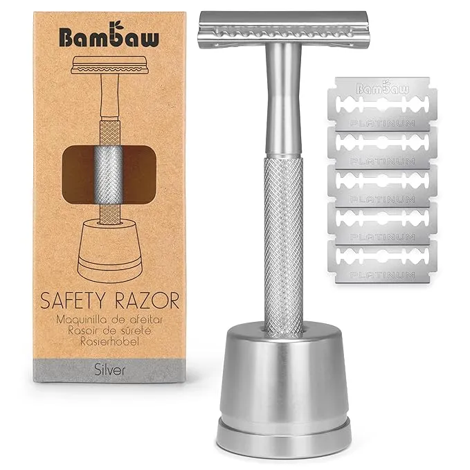 Bambaw Double Edge Safety Razor for Men with Razor Stand, One Blade Metal Razor, Reusable Metal Razor with 5 Double Edge Safety Razor Blades – Silver