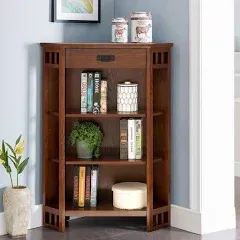 Leick Home Mantel Height 3 Shelf Corner Bookcase with Drawer Storage, Mission Oak